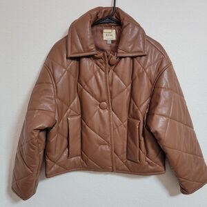 Elie Tahari Saddle/Caramel Faux Leather Button Front Quilted Boxy Jacket